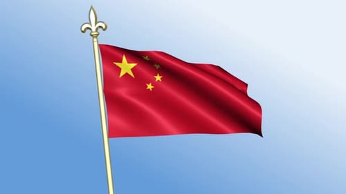 Realistic Waving Flag of China on a Golden Flagpole