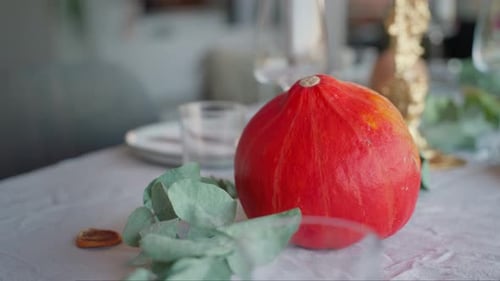 Décoration de citrouilles à table.