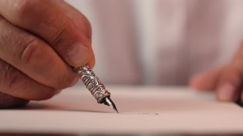 Close Up Old Elderly Man Hands Writing Letter Message Write Handwriting Male Holding Using Fountain