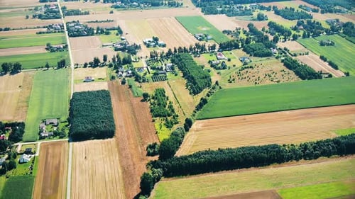Vogelperspektive auf landwirtschaftliche Flächen und grüne wellenförmige Felder an sonnigen Tagen. Agronomische Industrie. Ackerbau