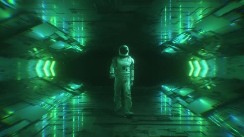Astronaut Walking In Neon Glowing Futuristic Tunnel Backdrop Loop