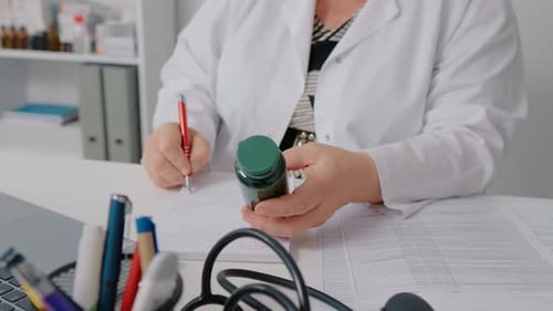 Doctor Holding Pills and Writing in the Office