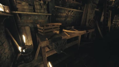 Workbench in a Dimly Lit Workshop with Tools and Wooden Crates
