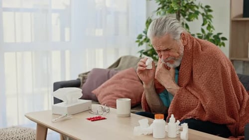 Sick Elderly Man Covered with Warm Blanket Suffer From Cough Unwell Old Grandpa Feeling Bad Fever