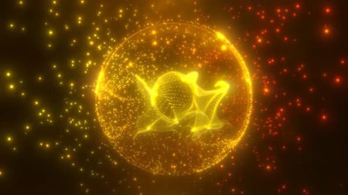 Abstract round yellow orange sphere light bright glowing from energy rays and magic waves