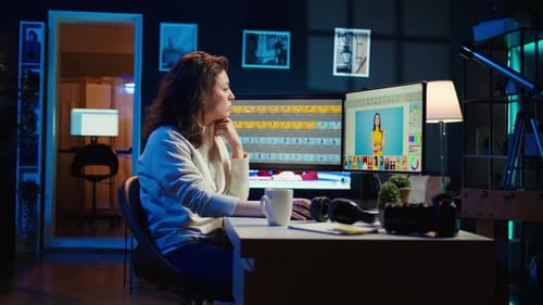 Woman Edits Photos at Desk in Dark Room