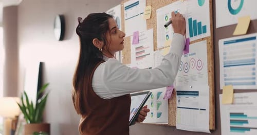 Mulher de negócios, analista e escrevendo com tablet no quadro de avisos para estatísticas, análises ou planejamento