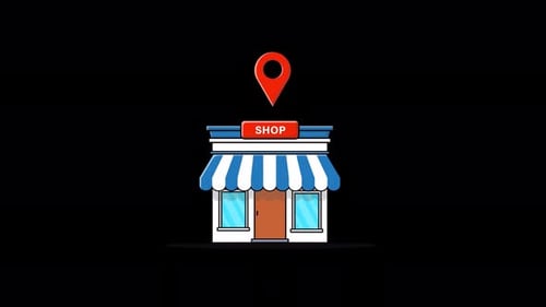 Animated Shop Building with Location Pin Icon