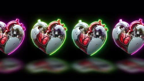 Digital 3d High Tech Heart Animation. Futuristic 3d Heart Rhythm Animation On Black Background.