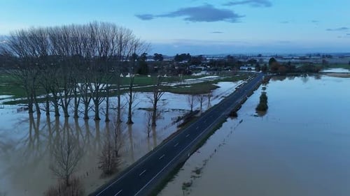 Aerial view of a road amid flood, New Zealand.