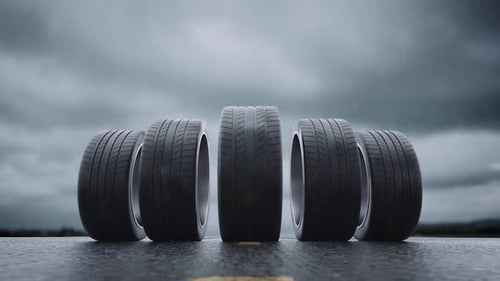 Row of Car Tires on Wet Asphalt Under Dramatic Sky