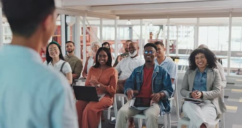 Business people, mentor and applause for presentation, coaching or corporate training in workshop