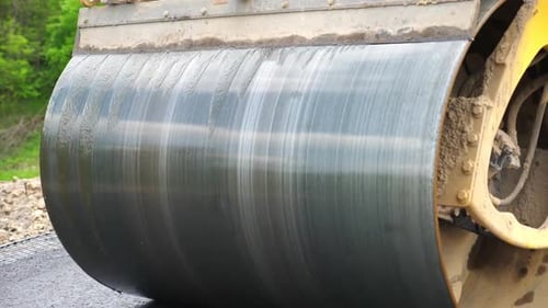 Compactor Constructing Highway Steamroller Slowly Ride Roadway Repair By Heavy Machinery Roller