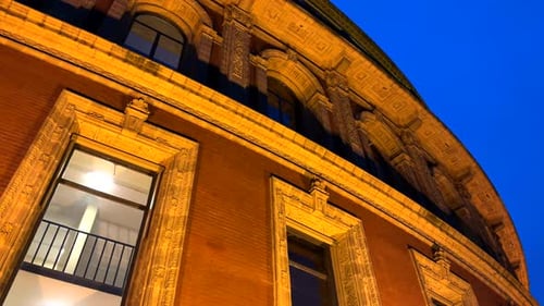 Royal Albert Hall London Exterior at Blue Hour With Dramatic Upward View