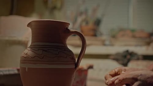 Cruche en argile faite à la main Potter Finishes dans un atelier, gros plan, doigts d'artisan, ajoutant des doigts mouillés sur un plat