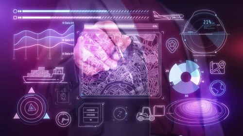 Infografiken über Logistik und Frachttransport auf einem virtuellen Panel