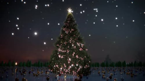 Animated Christmas Tree in Winter Landscape with Northern Lights