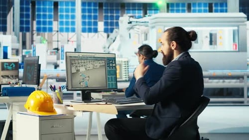 Photovoltaik-Werksingenieur liest Papierkram und passt Systemparameter an