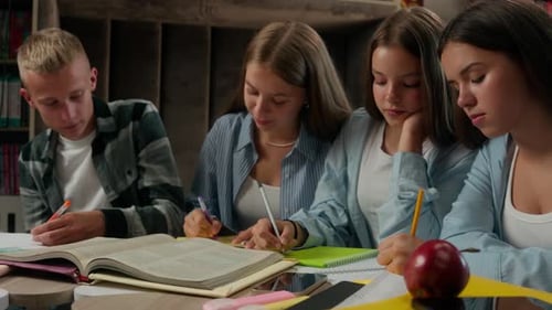 Caucasian Four Classmates Boy Girls in School Library Writing Homework Write Notes Friendship in