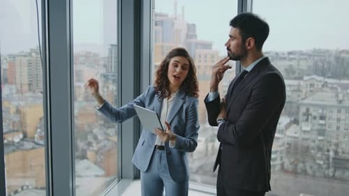 Colleagues Sharing Ideas Standing Window Looking on City View Smart Coworkers