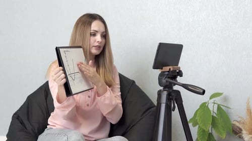 A mathematics teacher conducts an online lesson with high school students via a tablet.