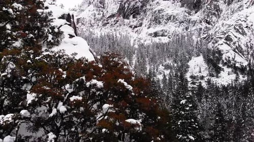 Aerial Drone footage, flyover cliff and drop-off over Yosemite valley, blanketed in snow in winter