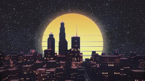 Retro-futuristic 80s style looping animation with night city background
