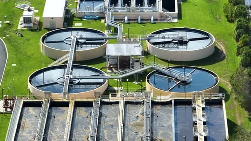 Aerial View of Modern Water Cleaning Facility at Urban Wastewater Treatment Plant