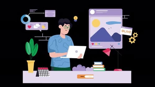 Young european man working on laptop in creative workspace