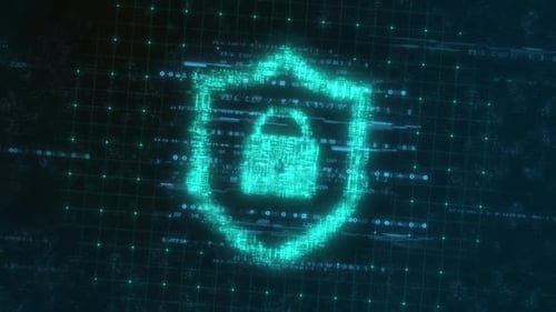 Digital Security Shield Lock Icon with Glitch Effect Reveal