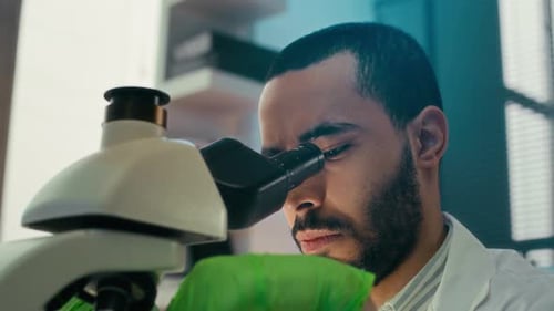Scientist Examining Specimen Through Microscope in Laboratory
