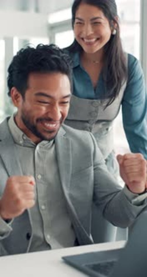 Success, fist pump and laptop with business people in office of account approval