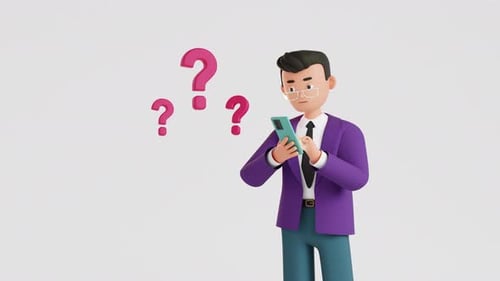 3D Cartoon Businessman Thinking with Question Marks and Smartphone