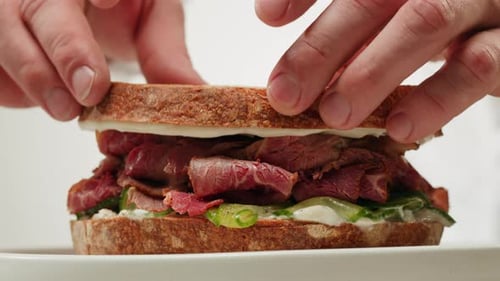 American Pastrami Sandwich in New York Ham Meet Cuts Chef Cooking Famous Thick Cut Sous Vide Beef