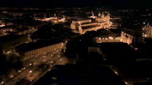 Aerial Shot At Night Time Of Unique Basilica In Heart Of Salamanca City, Spain
