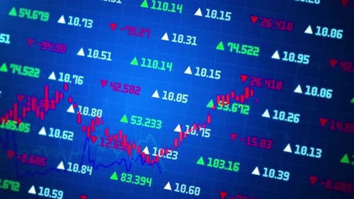 Stock Market Display with Green Red and Blue Stock Market Tickers and Graphs