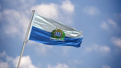 San Marino National Flag Waving in the Wind against Blue Sky