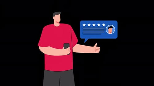 Animated User Giving Five Star Feedback on Mobile Phone