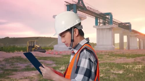 Asian Male Use Tablet While Walking at Construction Site