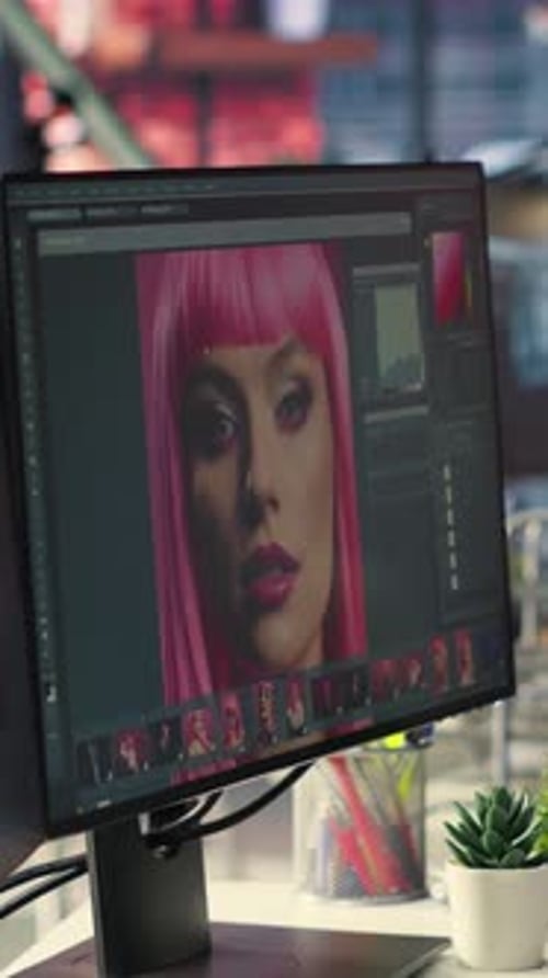Model's Portrait Edited on a Computer Monitor