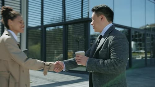 Close Up Young Business People Met and Shook Hands Talking Smiling Drink Coffee Spend Time Together