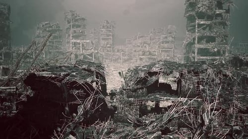 Desolation in a Forgotten Cityscape Amidst Ruins and Overgrowth
