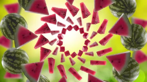 Burst of Watermelon and Watermelon Slices in Garden Green Nature Background