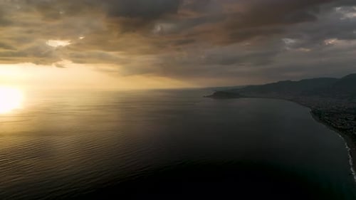 Dramatic Color Sunset Above Sea Aerial View 4 K