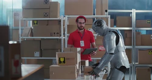 Human and AI Cooperation Young Caucasian Bearded Worker in Uniform Doing Postal Office Workshop Job