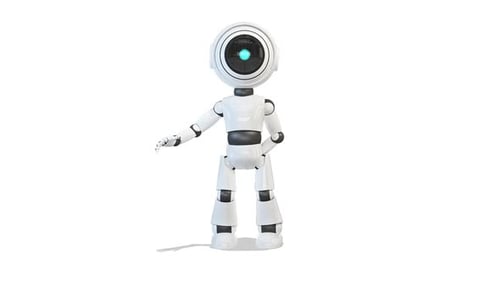 Roboter schenkt ein Geschenk auf weißem Hintergrund