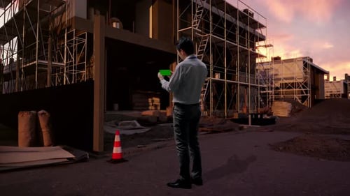 Asian Male Use Green Screen Smartphone At Building Site