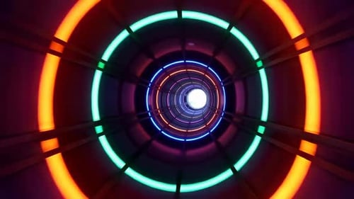 Tunnel annulaire au néon SciFi se dirigeant vers une lumière vive