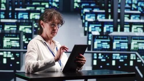 Woman Works on Tablet in Server Room