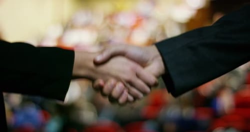 Zwei Geschäftsleute oder Politiker, elegante Kleidung, geben sich die Hand, nachdem sie einen Deal gefunden haben und erfolgreich